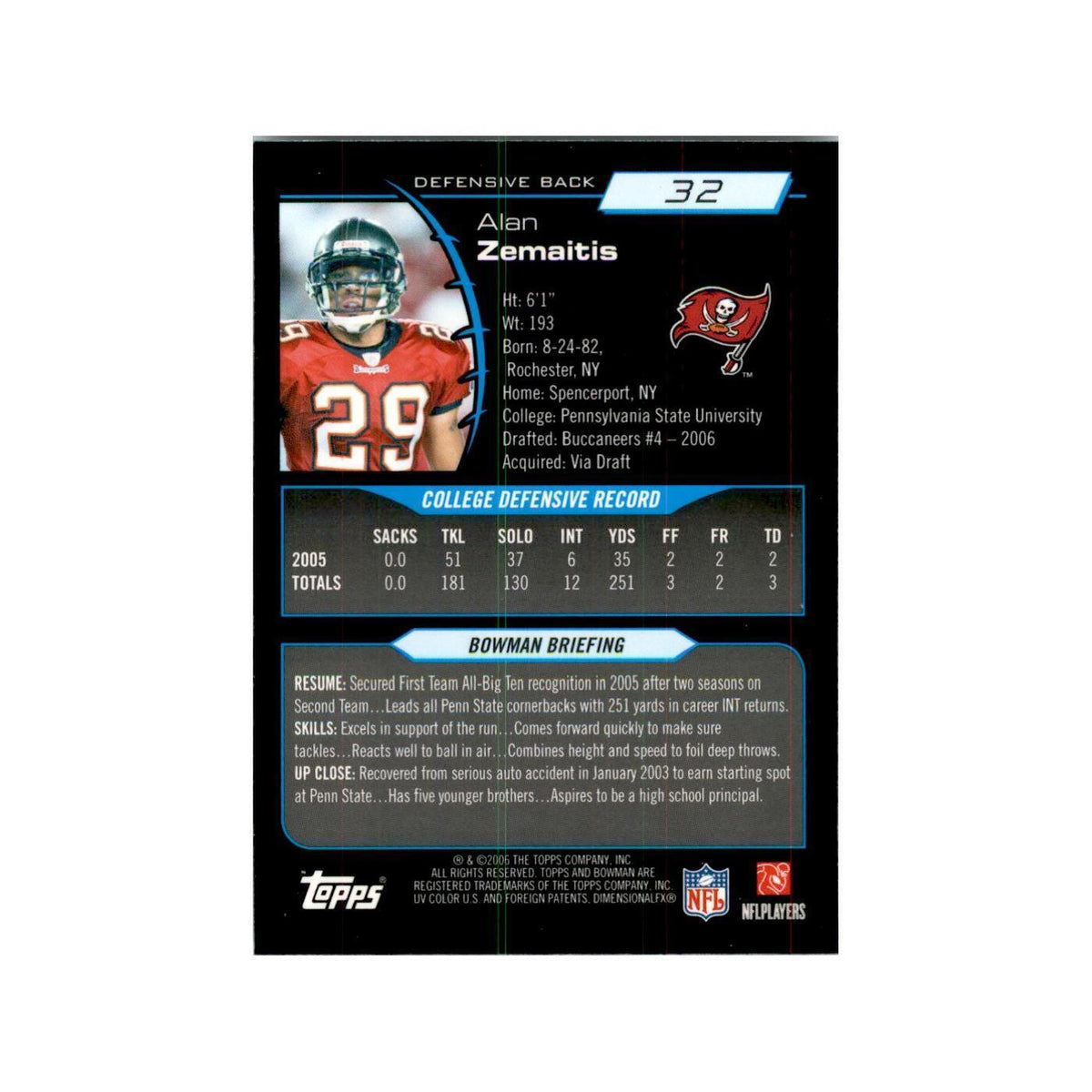 2006 Bowman Chrome Alan Zemaitis RC Football Cards #32