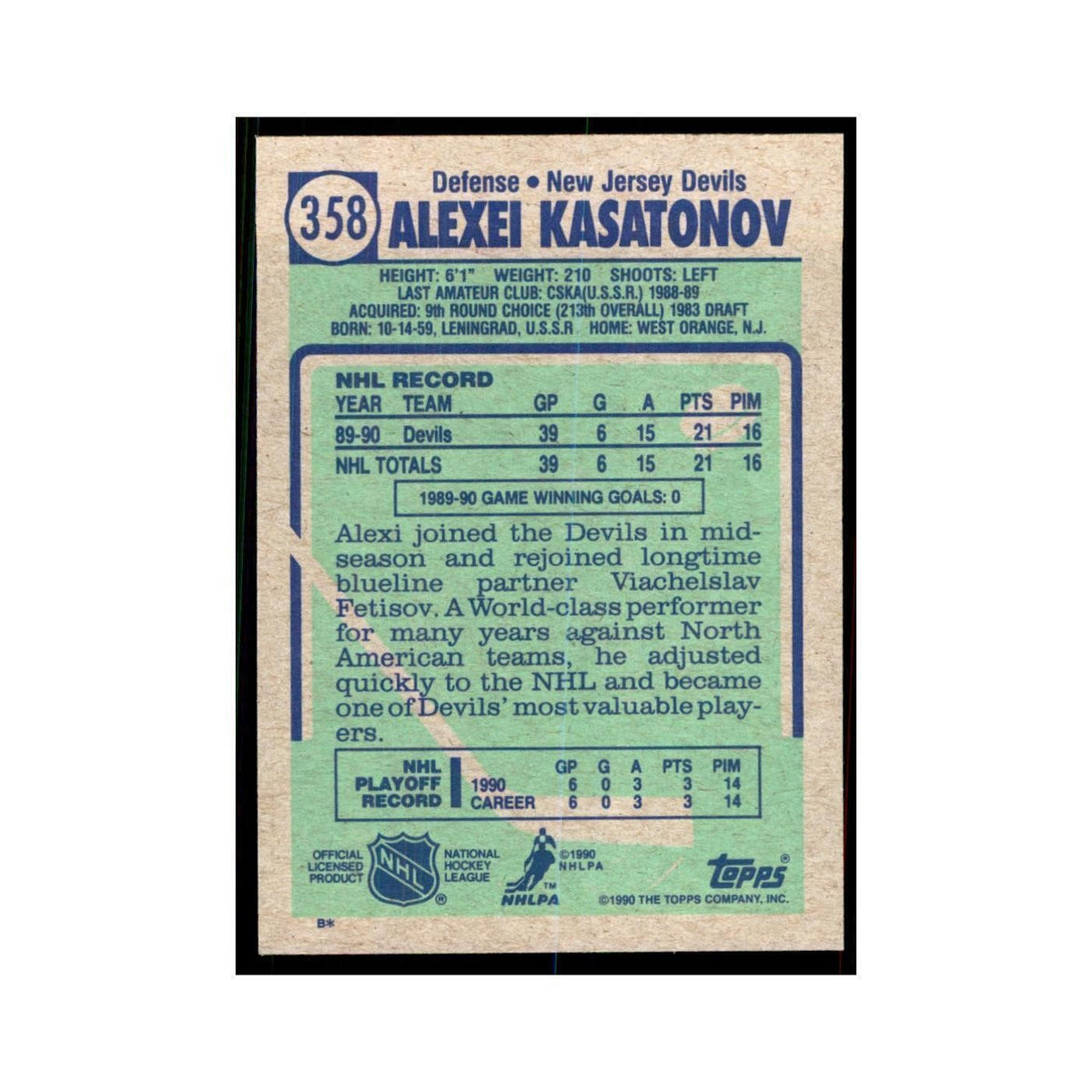 1990 Topps Hockey Card Alexei Kasatonov #358