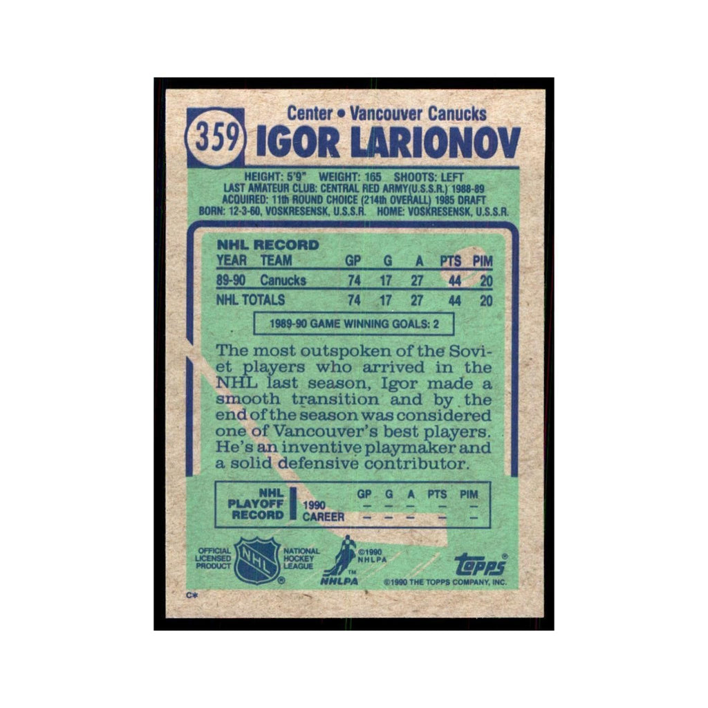 1990 Topps Hockey Card Igor Larionov #359