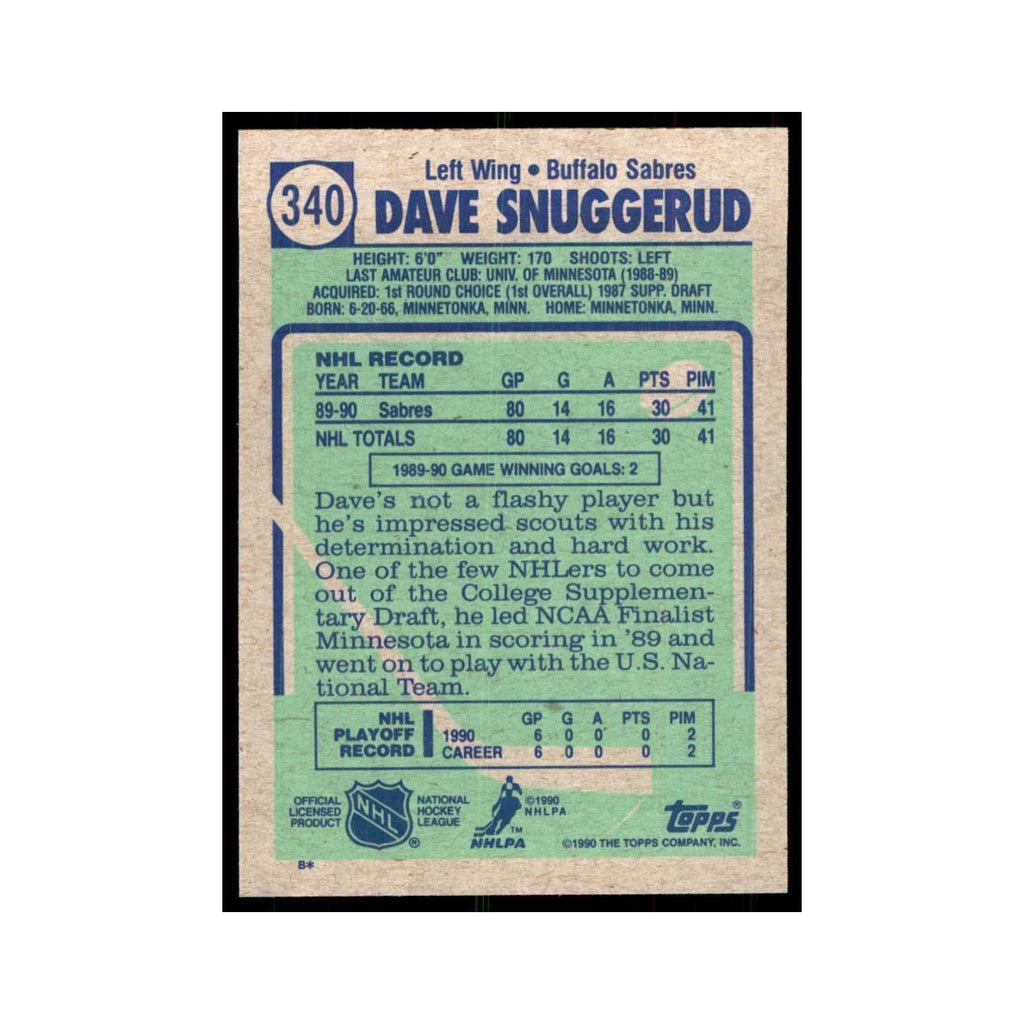 1990 Topps Hockey Card Dave Snuggerud #340