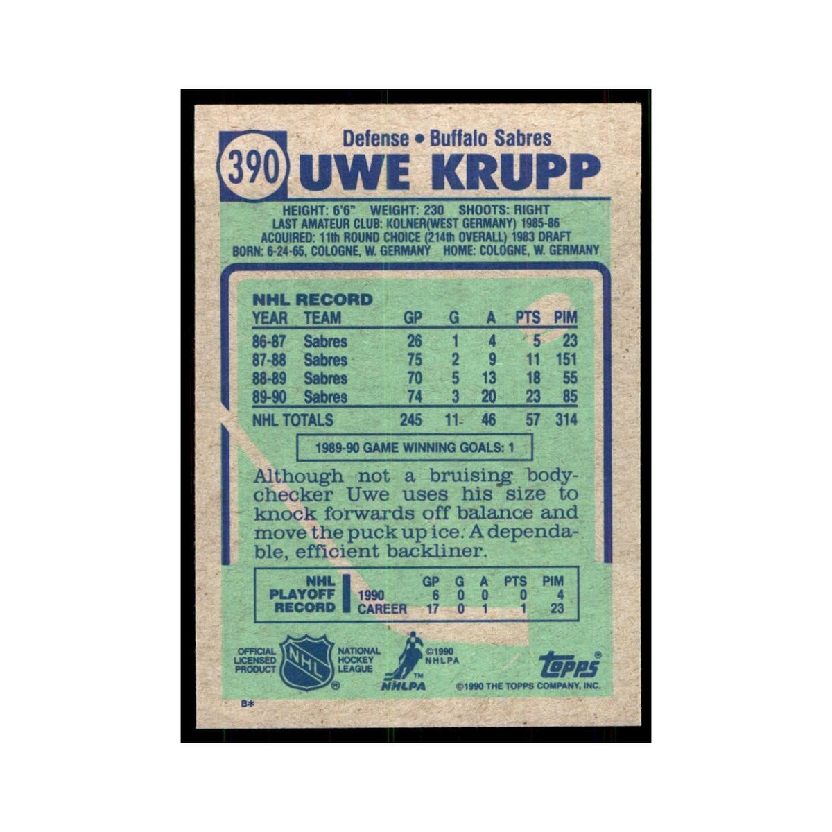 1990 Topps Hockey Card Uwe Krupp #390
