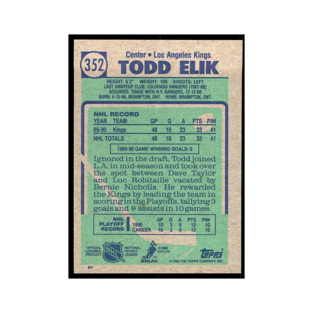 1990 Topps Hockey Card Todd Elik #352