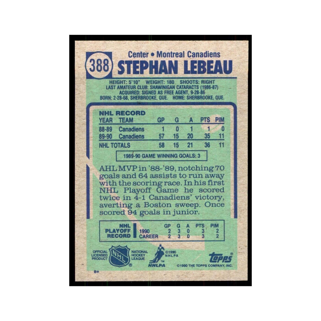 1990 Topps Hockey Card Staphan Lebeau #388