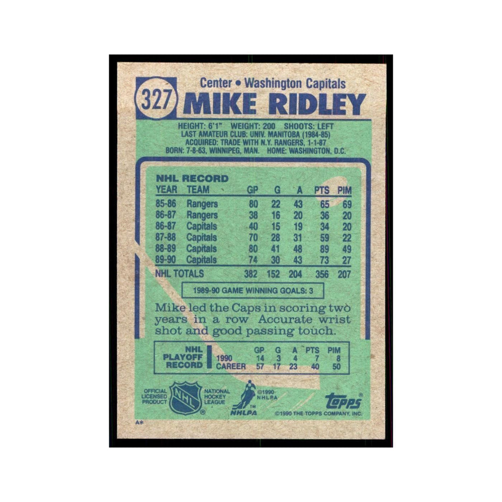 1990 Topps Hockey Card Mike Ridley #327