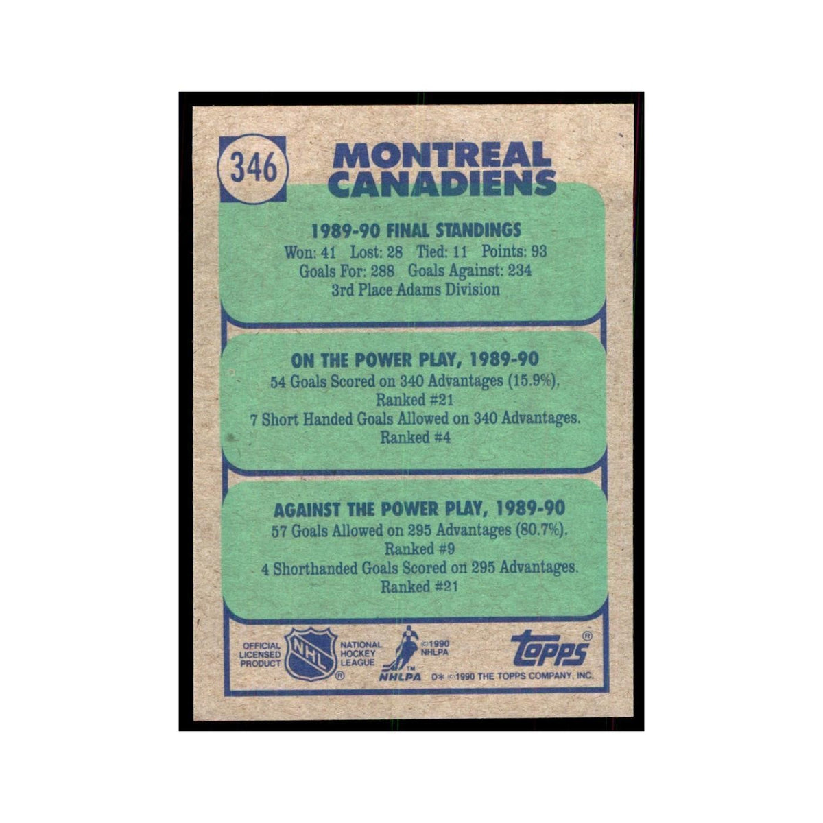 1990 Topps Hockey Card Montreal Canadiens #346