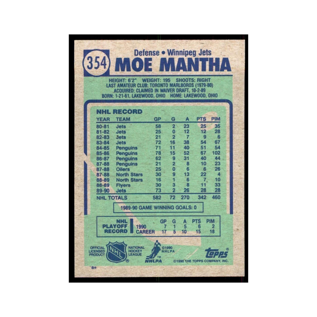 1990 Topps Hockey Card Moe Mantha #354