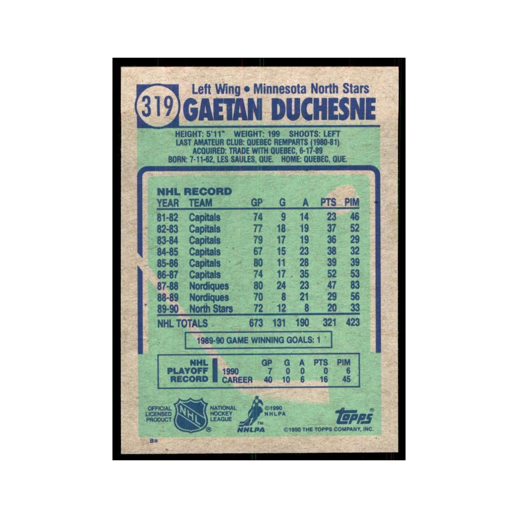 1990 Topps Hockey Card Gaetan Duchesne #319