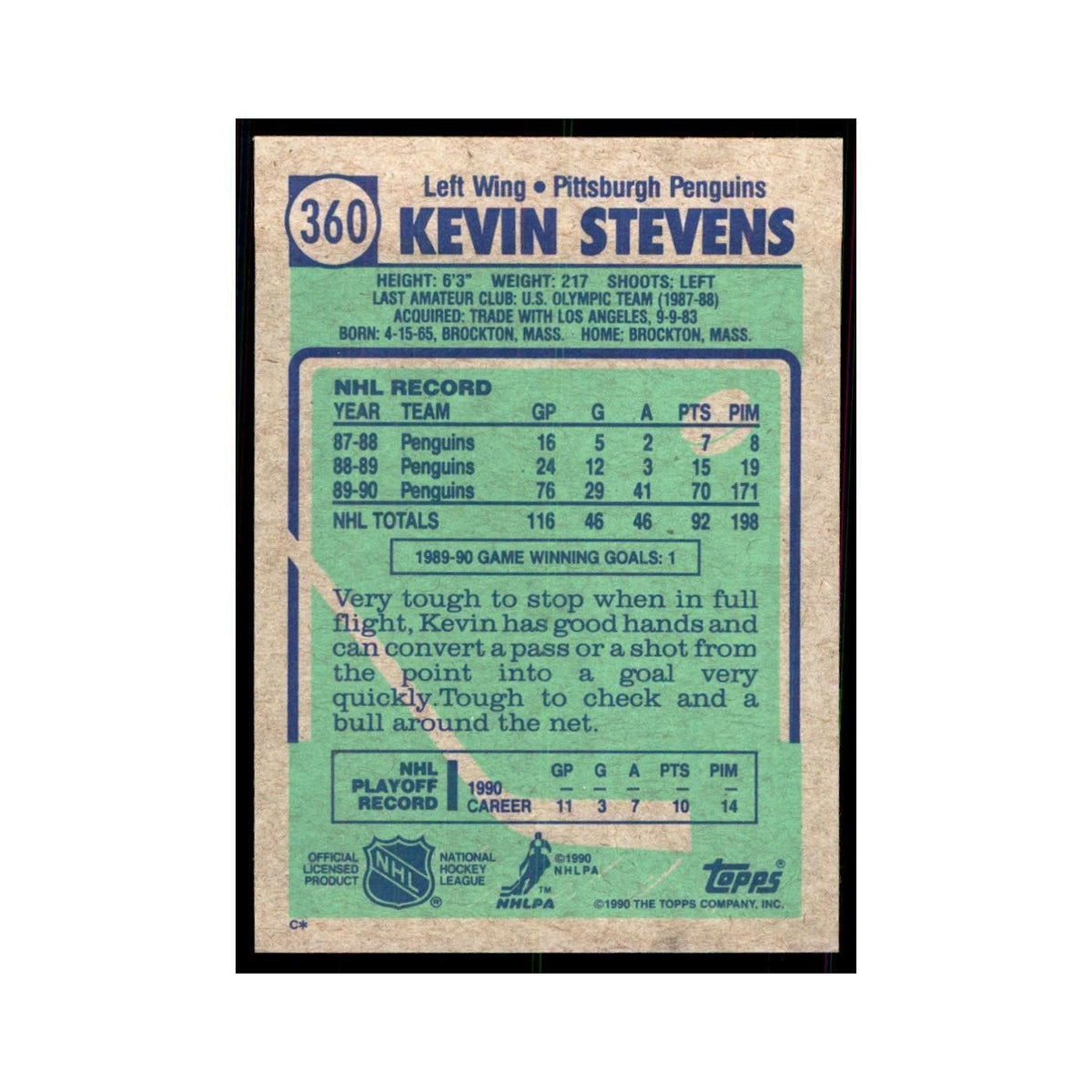 1990 Topps Hockey Card Kevin Stevens #360