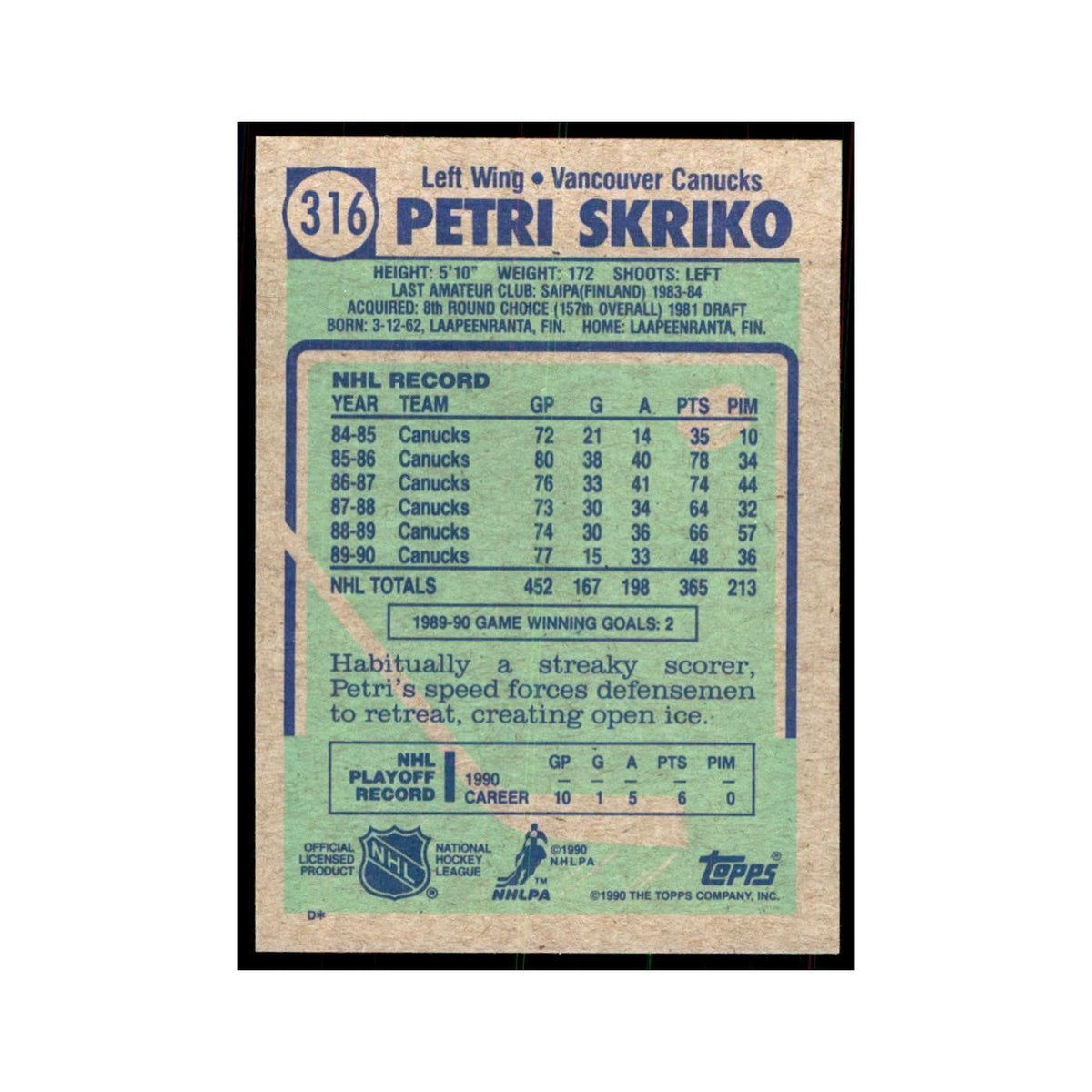1990 Topps Hockey Card Petri Skriko #316