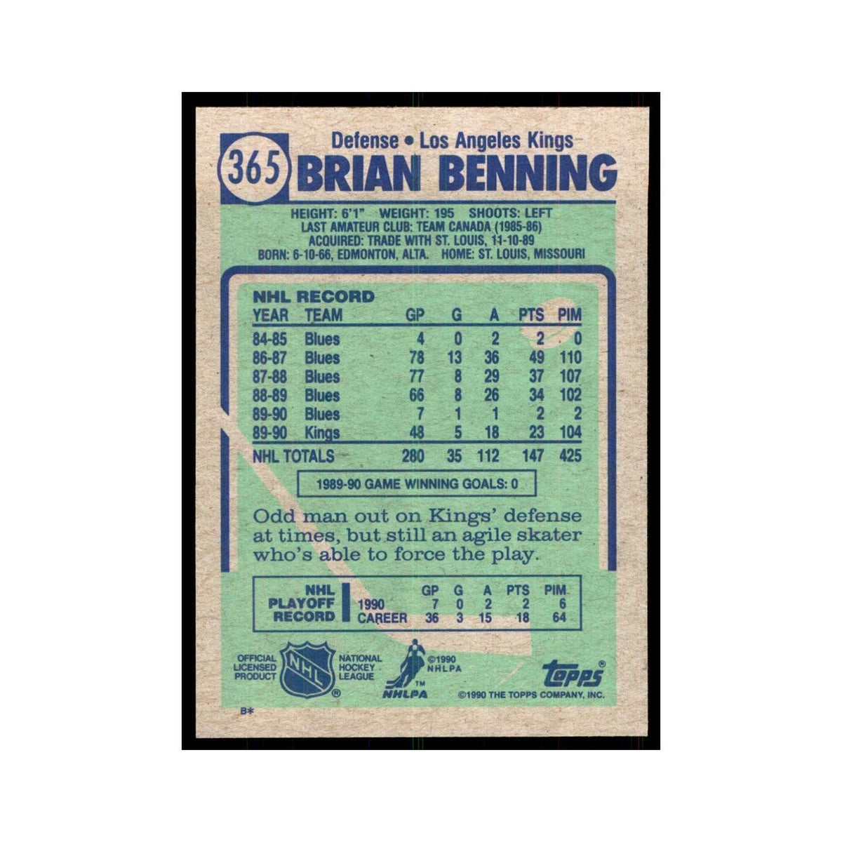 1990 Topps Hockey Card Brian Benning #365