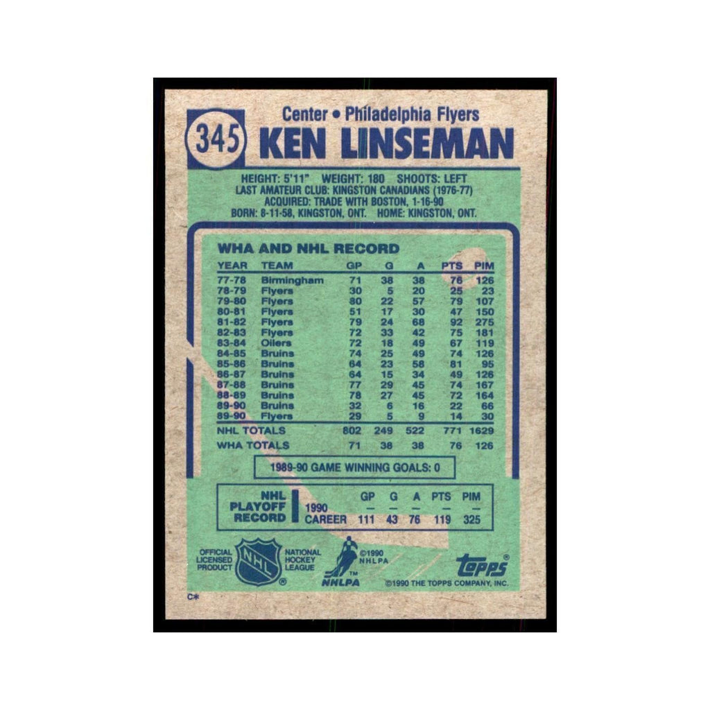 1990 Topps Hockey Card Ken Linseman #345