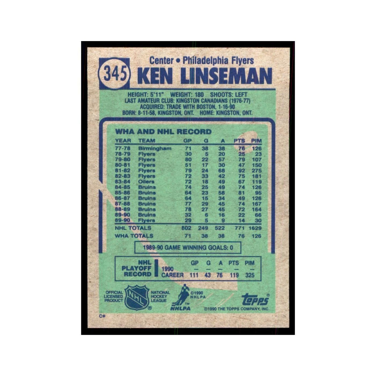 1990 Topps Hockey Card Ken Linseman #345