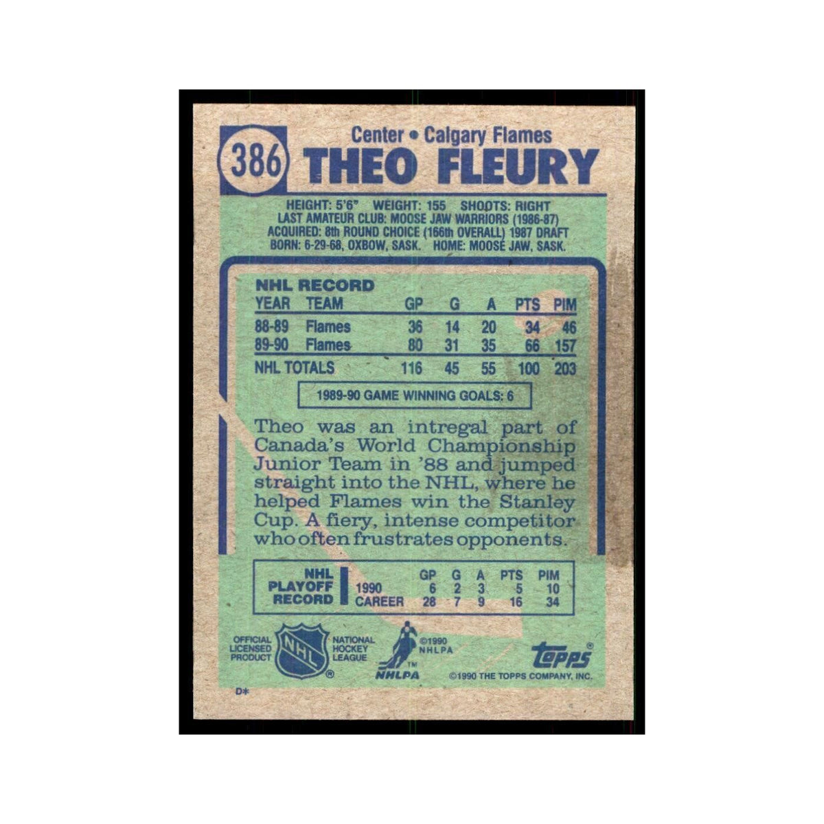 1990 Topps Hockey Card Theo Fleury #386