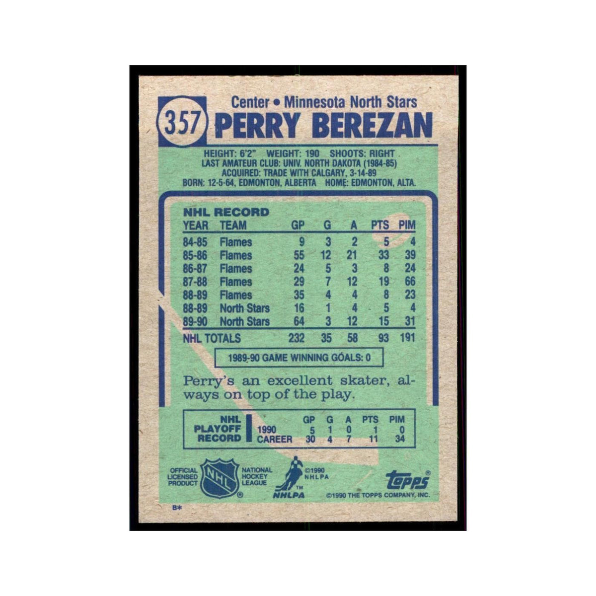 1990 Topps Hockey Card Perry Berezan #357
