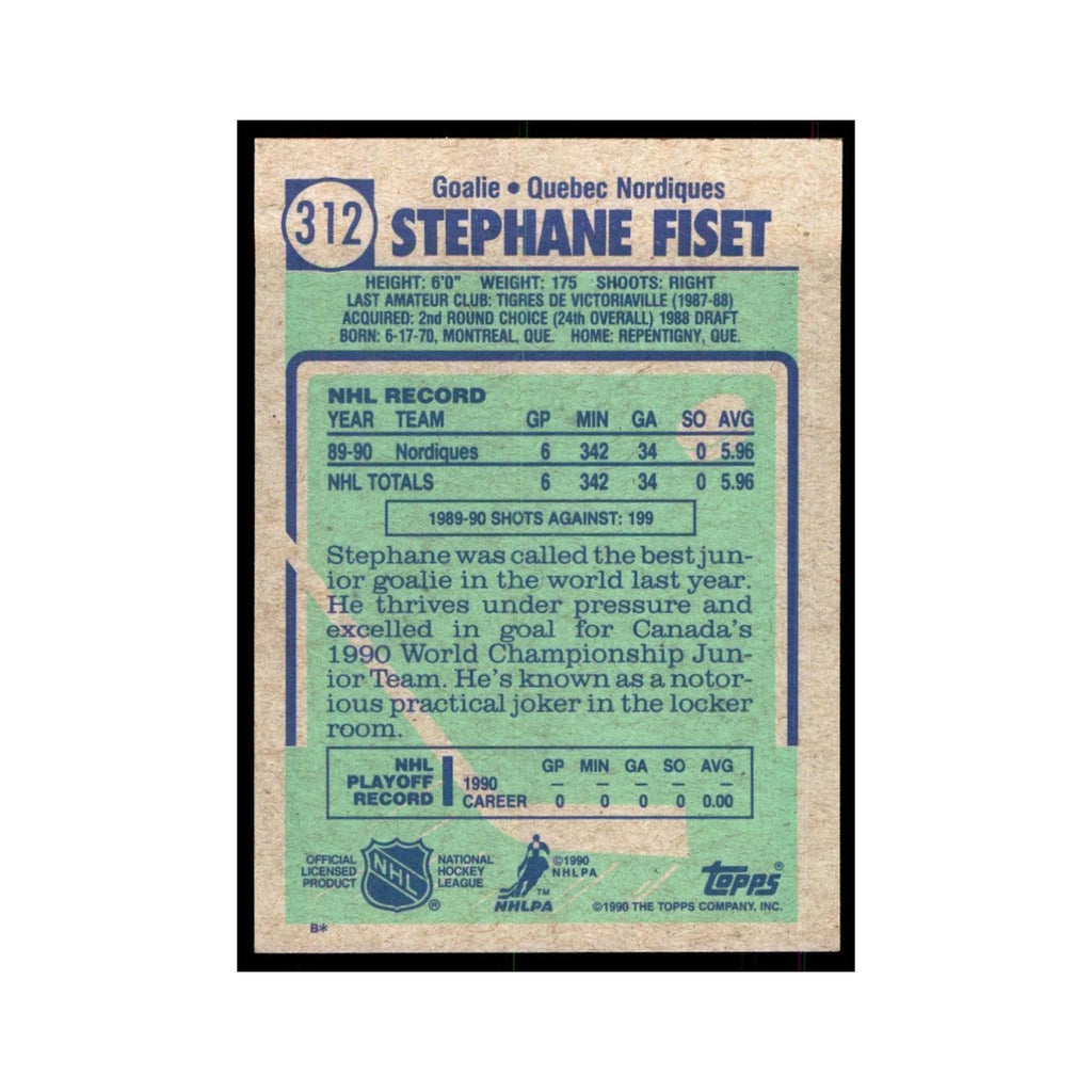 1990 Topps Hockey Card Stephane Fiset #312
