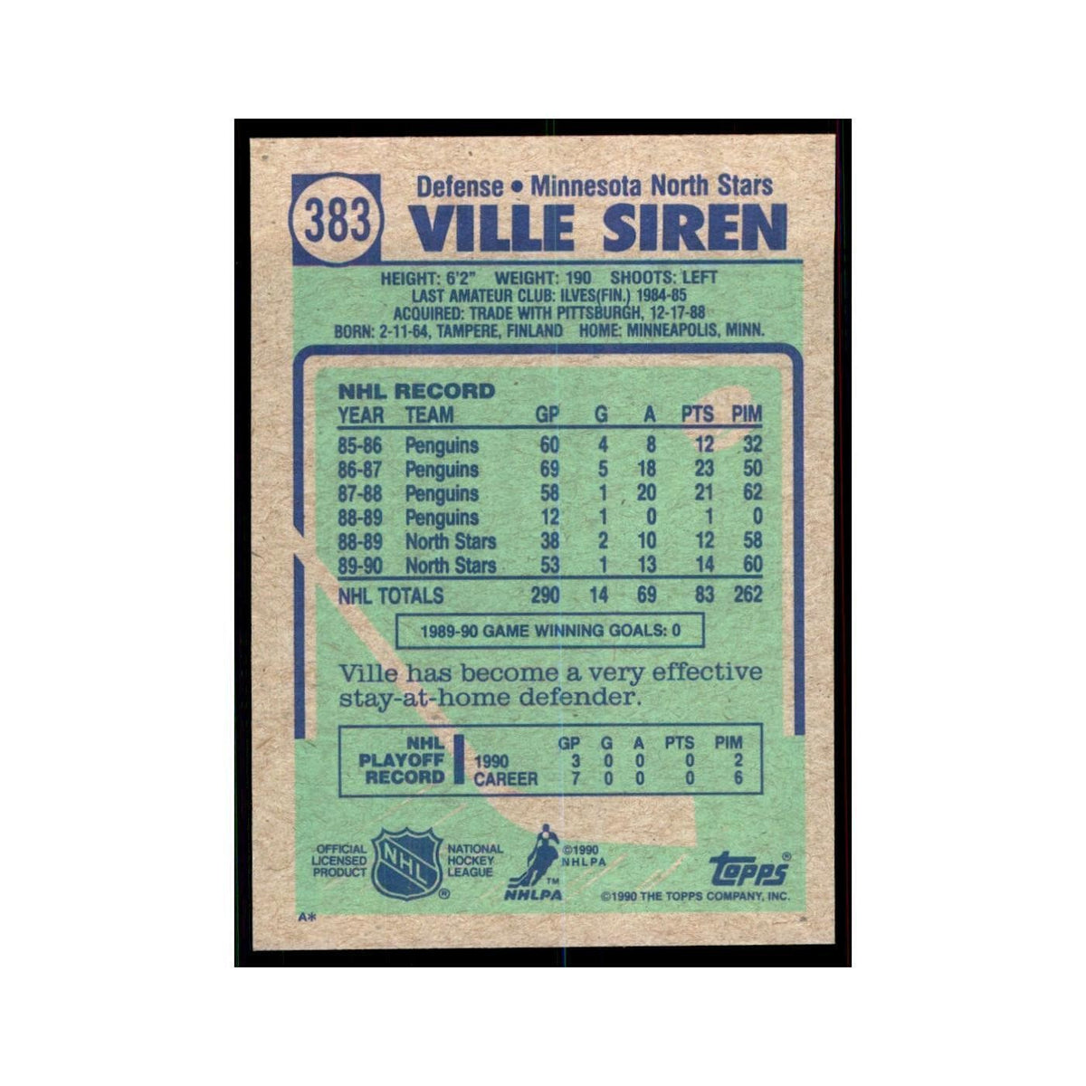 1990 Topps Hockey Card Ville Siren #383