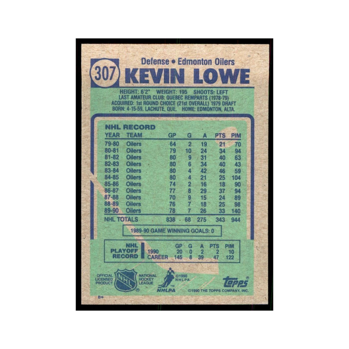 1990 Topps Hockey Card Kevin Lowe #307