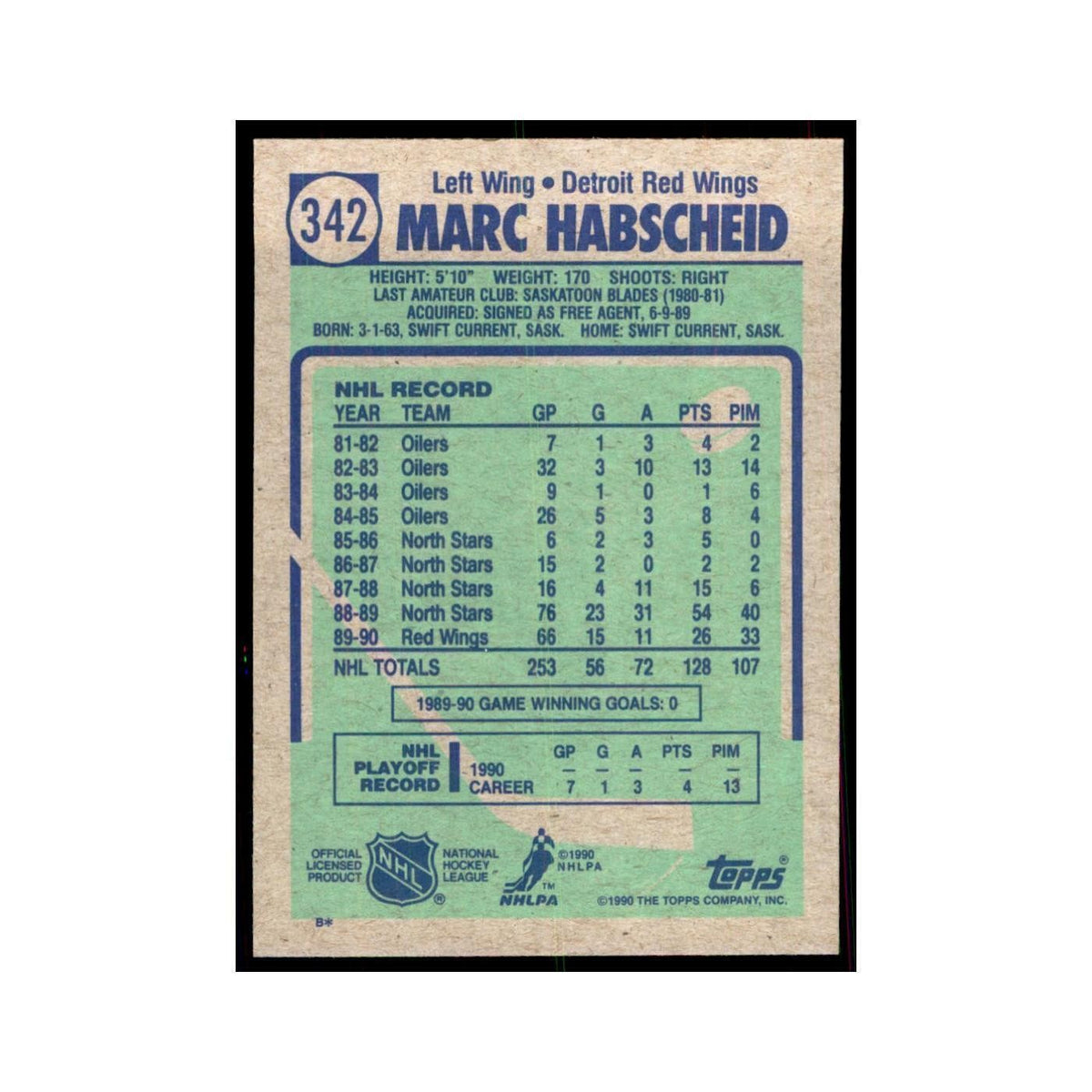 1990 Topps Hockey Card Marc Habscheid #342