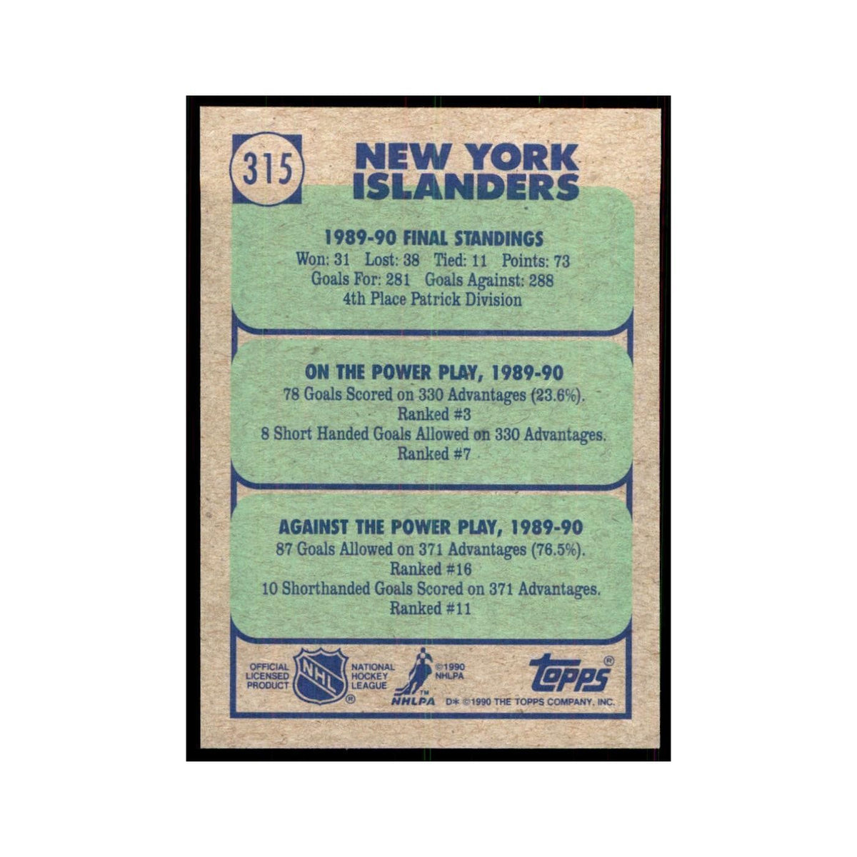 1990 Topps Hockey Card New York Islanders #315