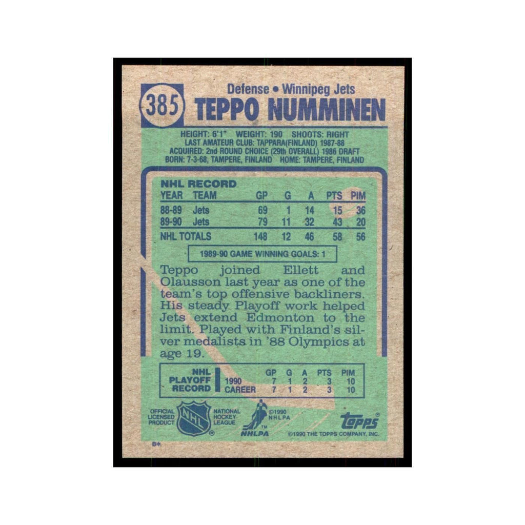 1990 Topps Hockey Card Teppo Numminen #385