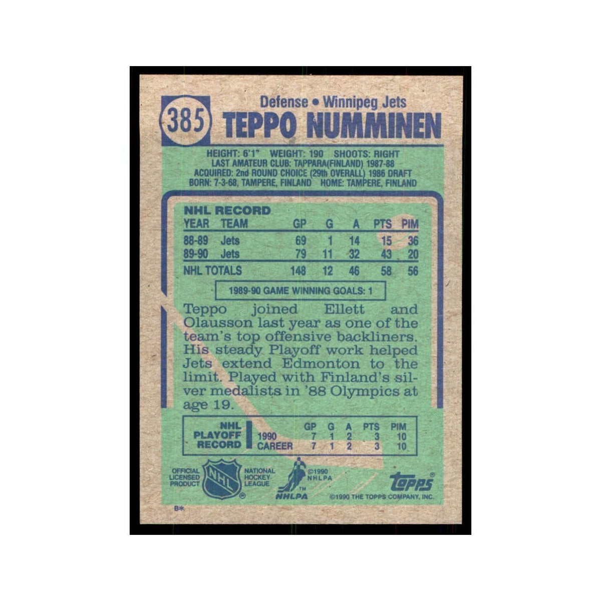 1990 Topps Hockey Card Teppo Numminen #385