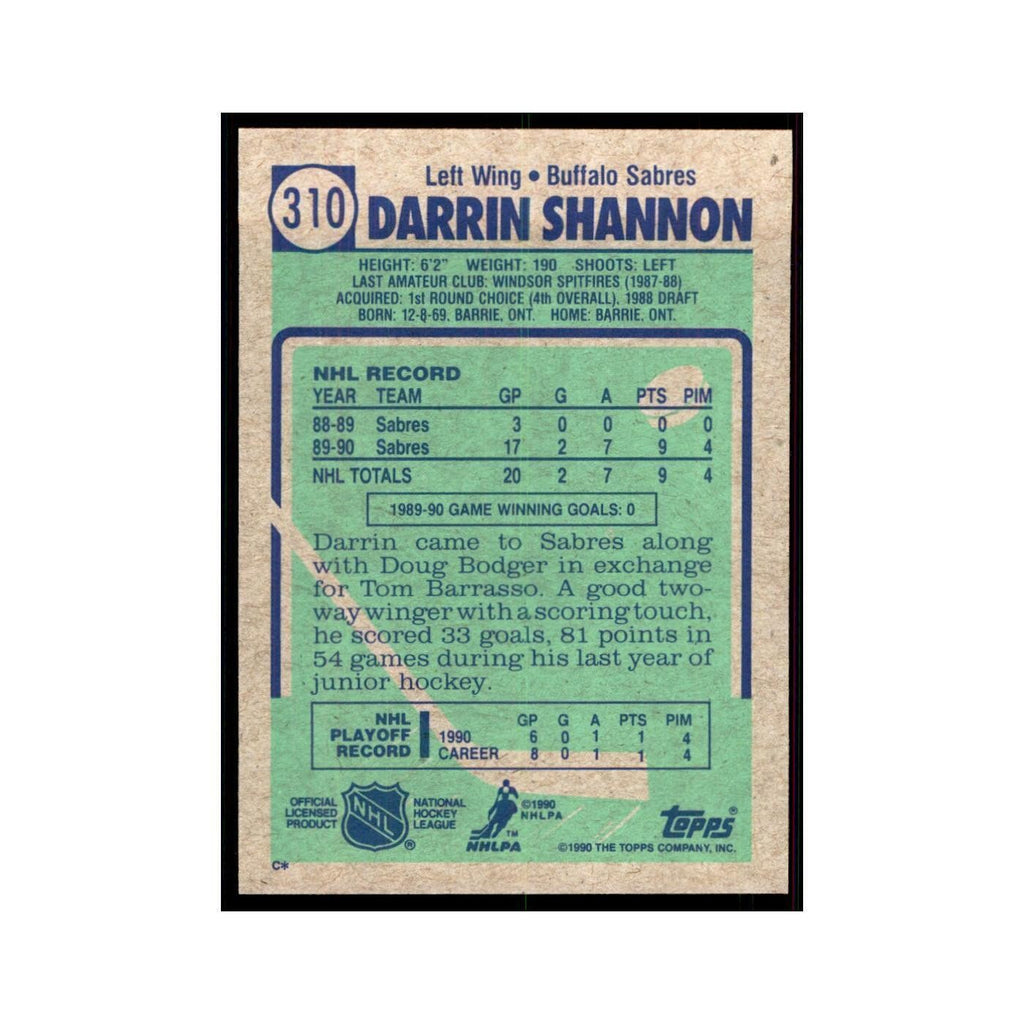 1990 Topps Hockey Card Darrin Shannon #310