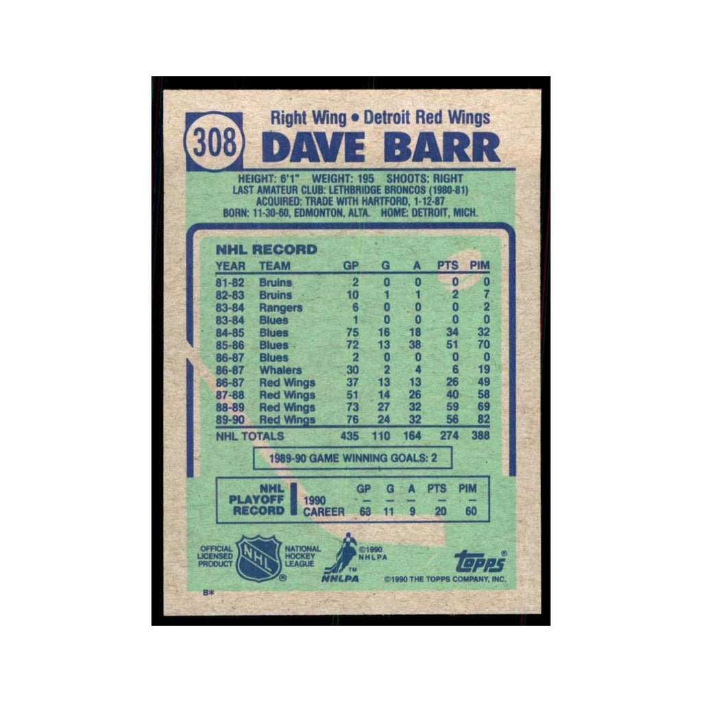 1990 Topps Hockey Card Dave Barr #308