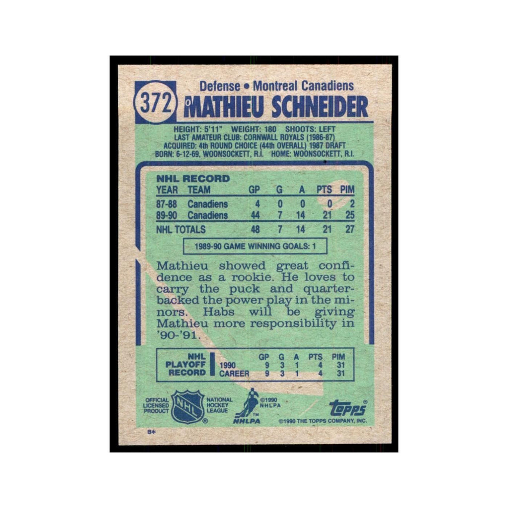 1990 Topps Hockey Card Mathieu Schneider #372