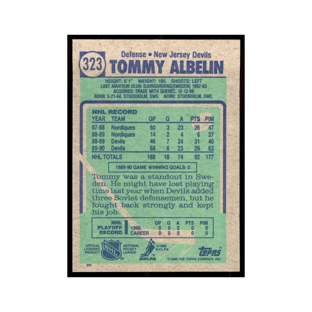 1990 Topps Hockey Card Tommy Albelin #323