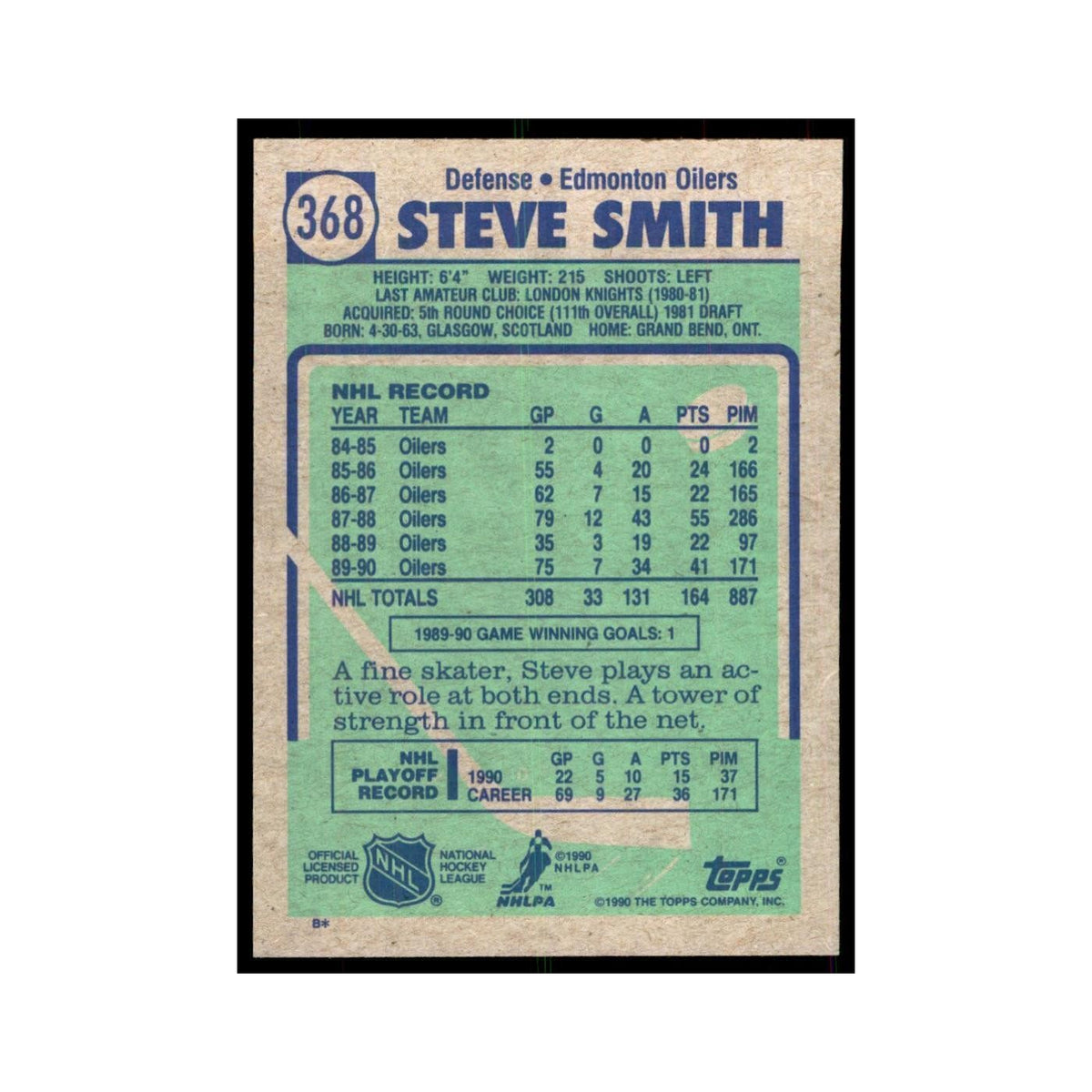 1990 Topps Hockey Card Steve Smith #368