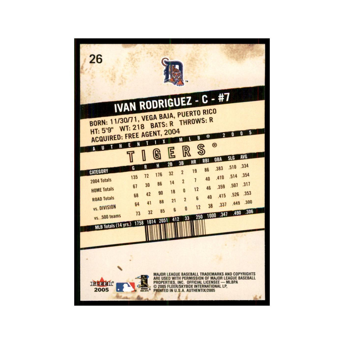 2005 Fleer Authentix Ivan Rodriguez Tigers #26