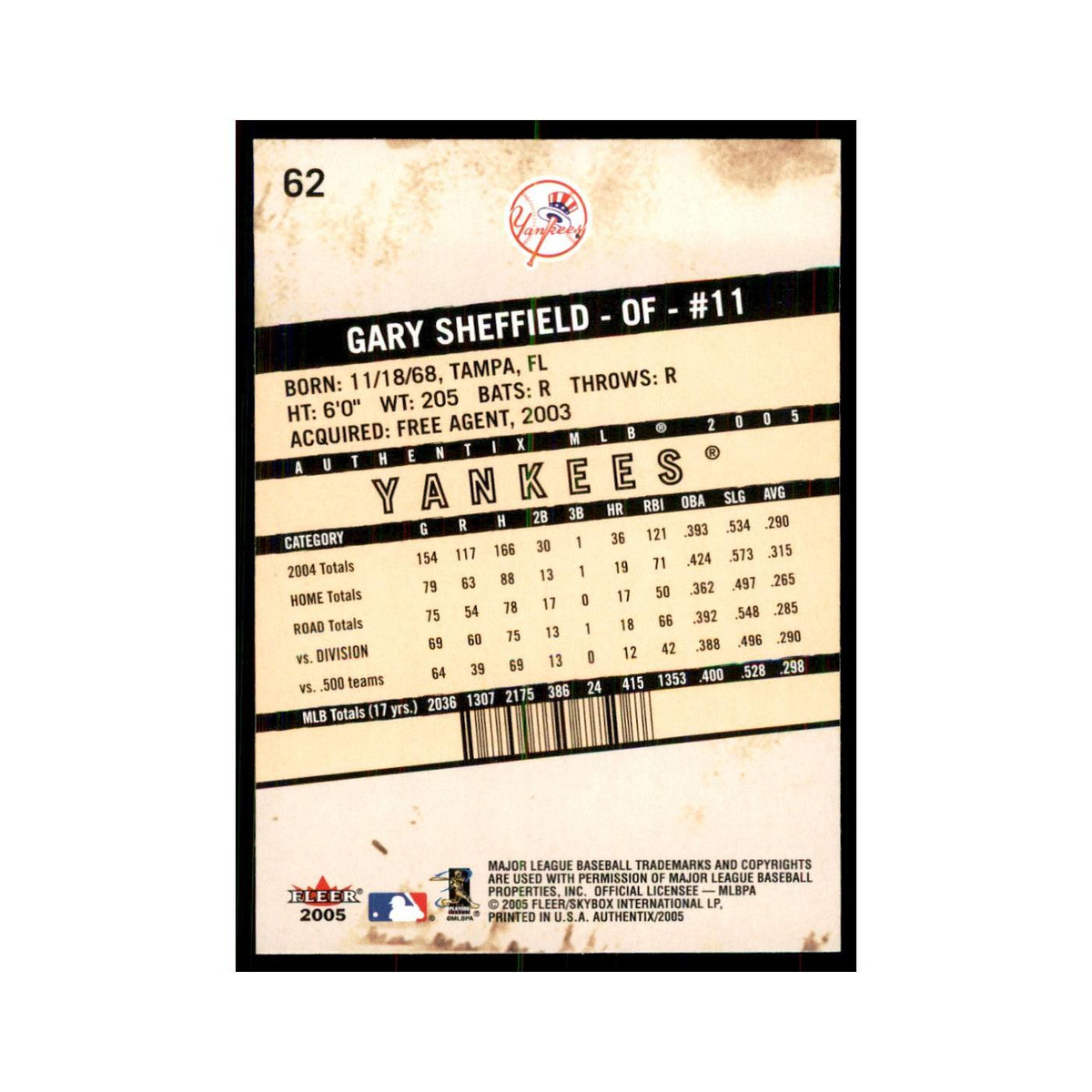 2005 Fleer Authentix Gary Sheffield Yankees #62