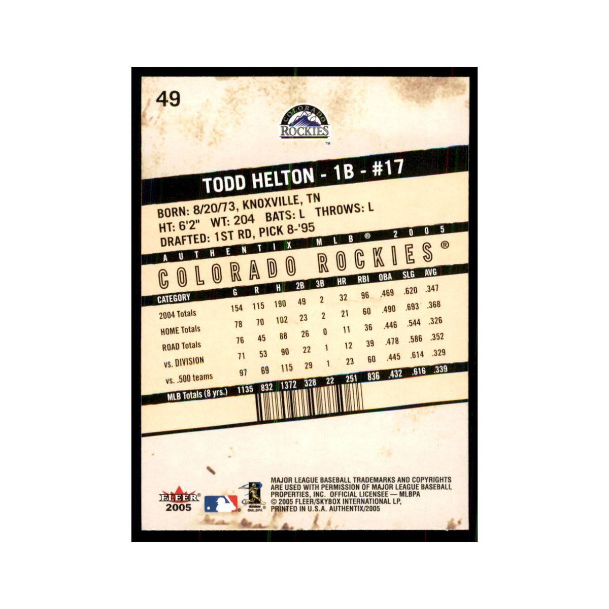 2005 Fleer Authentix Todd Helton Rockies #49