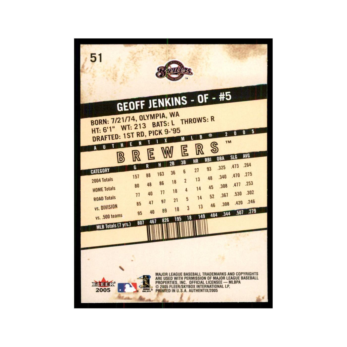2005 Fleer Authentix Geoff Jenkins Brewers #51