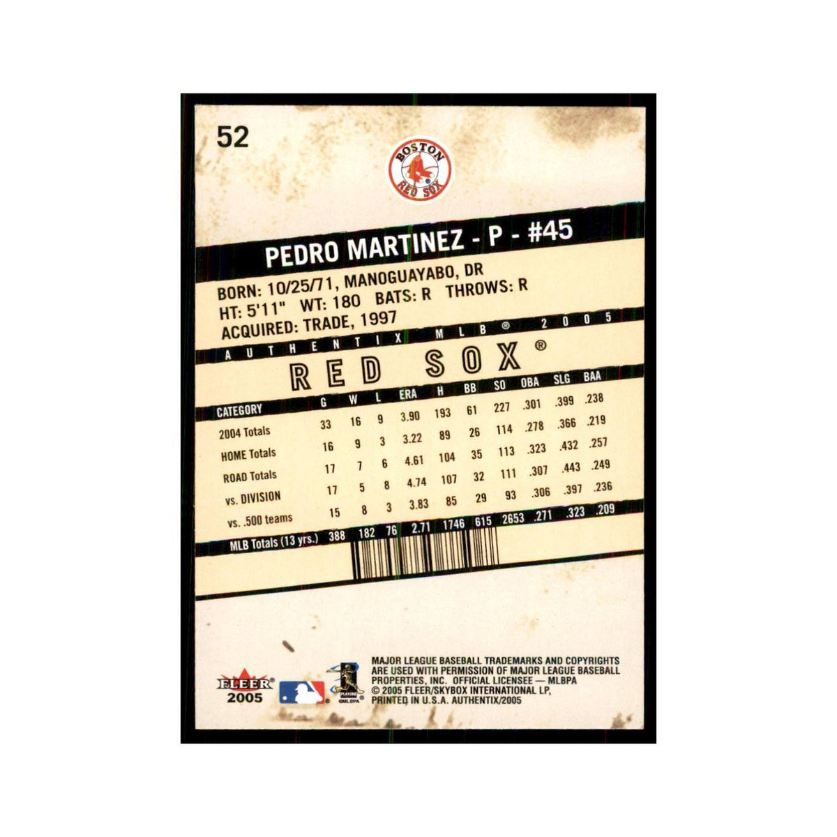 2005 Fleer Authentix Pedro Martinez Red Sox #52