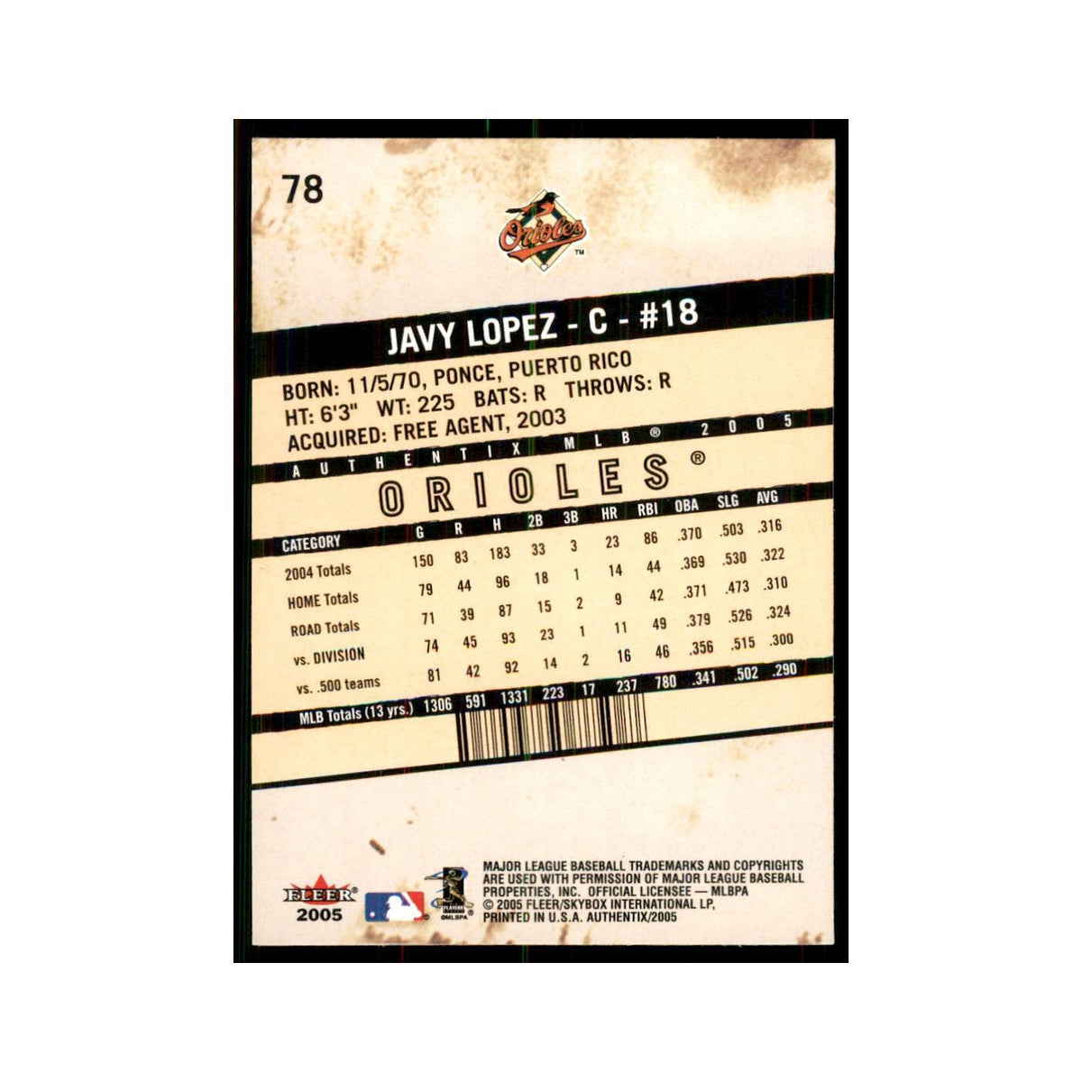 2005 Fleer Authentix Javy Lopez Orioles #78