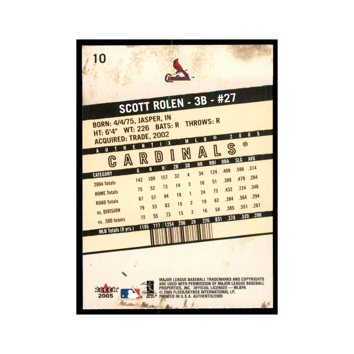 2005 Fleer Authentix Scott Rolen Cardinals #10