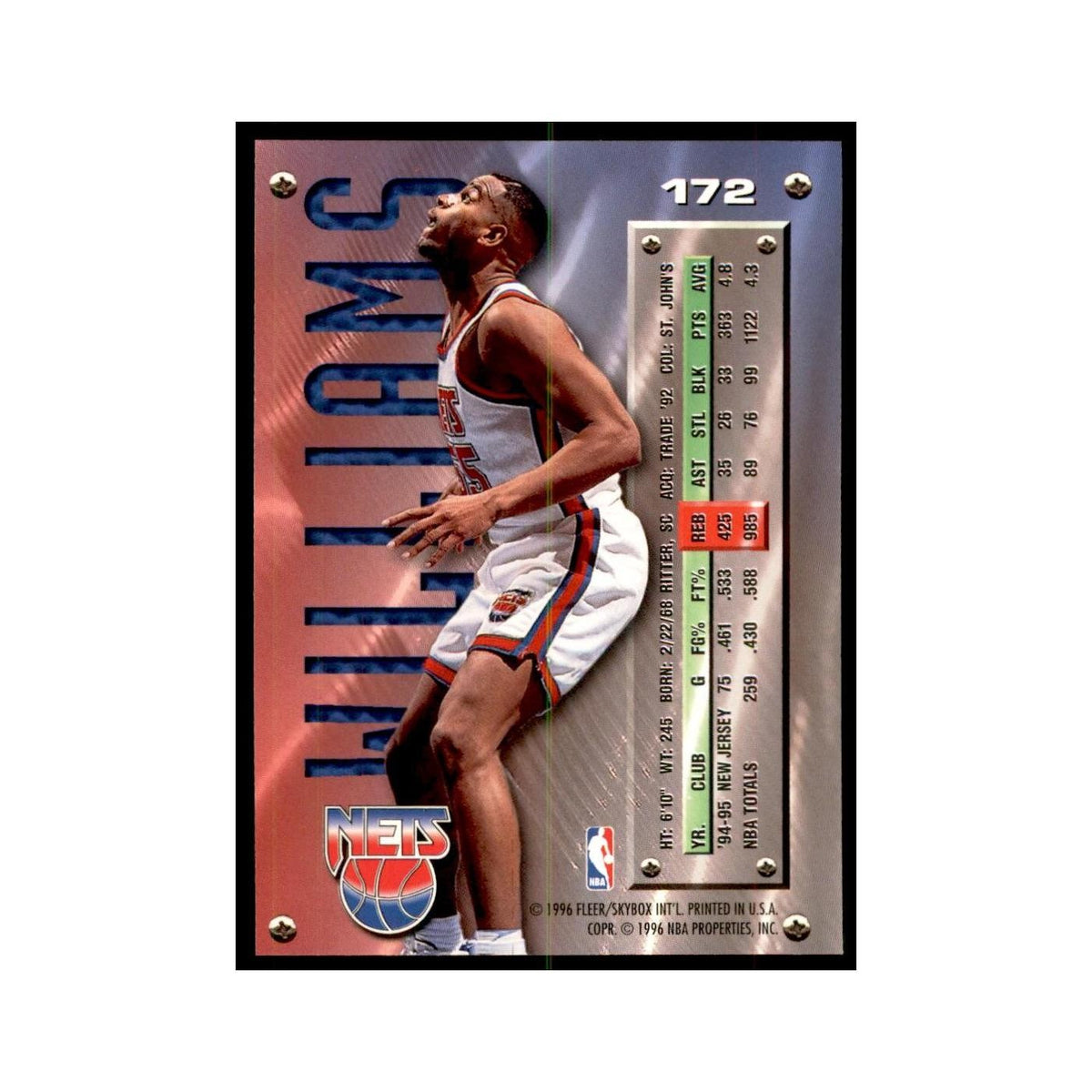 1995 Fleer Metal Jayson Williams Basketball Cards #172