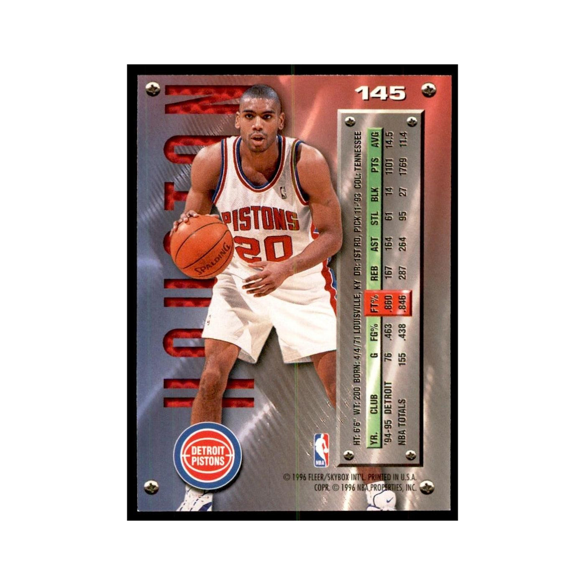 1995 Fleer Metal Allan Houston Basketball Cards #145