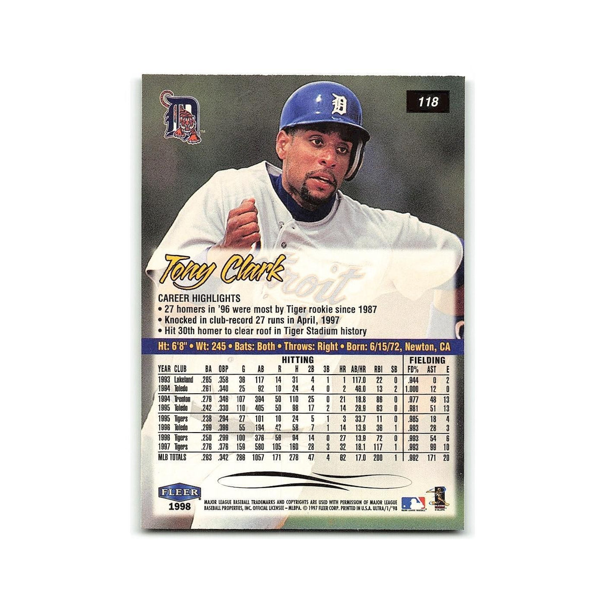 Tony Clark 1998 Fleer Ultra #118 Detroit Tigers Baseball Card NM