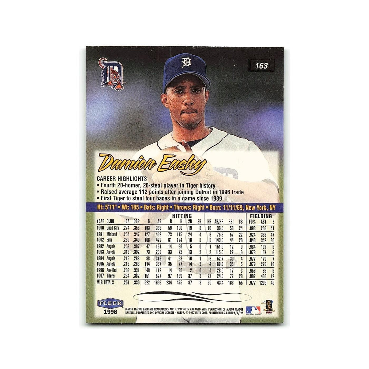 Damion Easley 1998 Fleer Ultra #163 Detroit Tigers Baseball Card NM