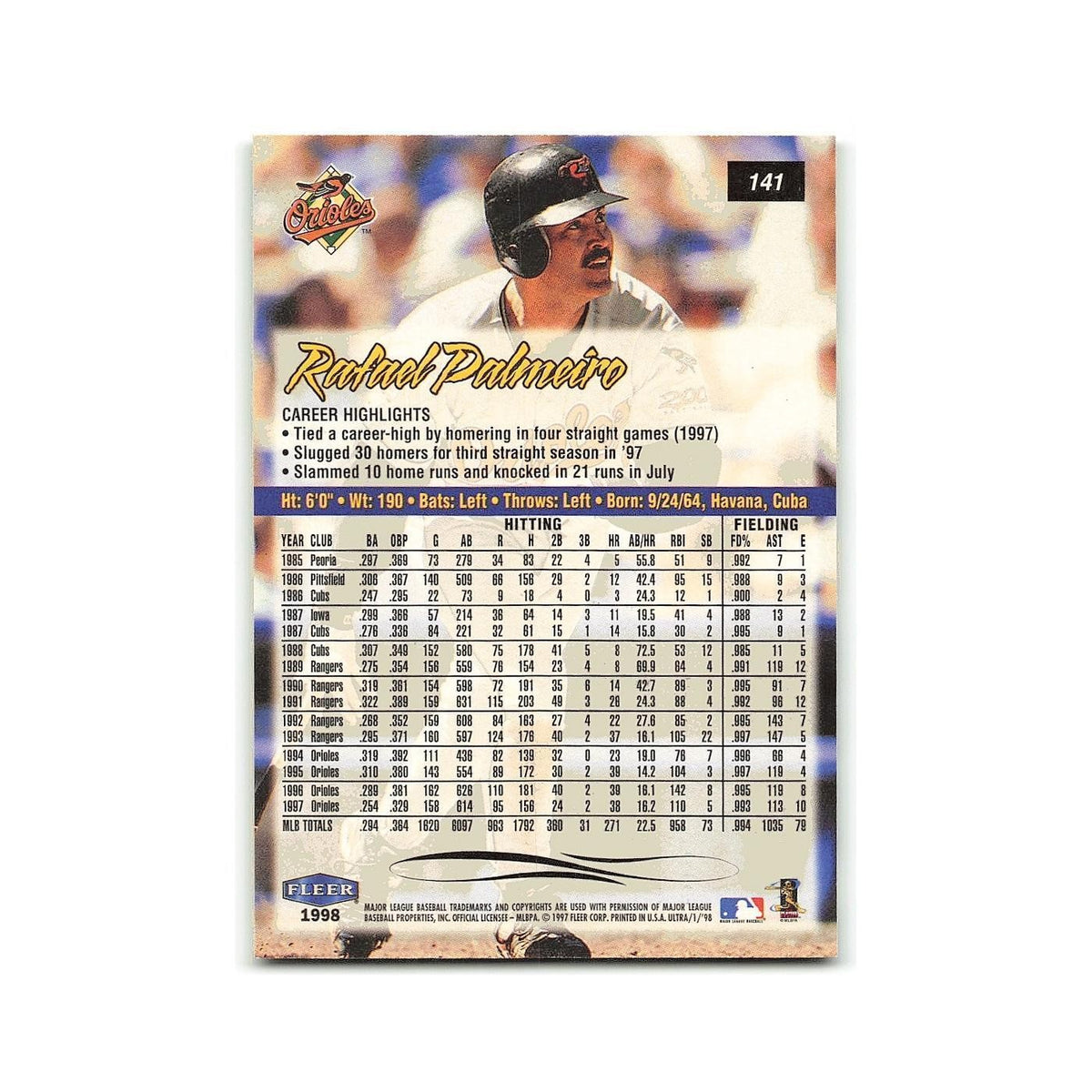 Rafael Palmeiro 1998 Fleer Ultra #141 Baltimore Orioles Baseball Card NM