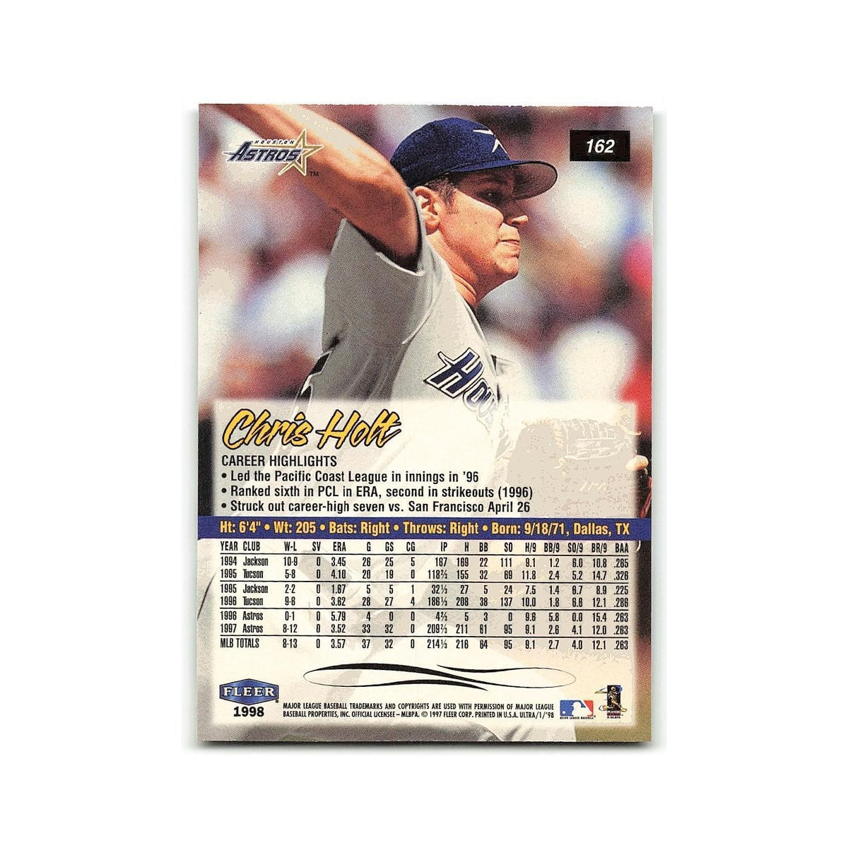 Chris Holt 1998 Fleer Ultra #162 Houston Astros Baseball Card NM