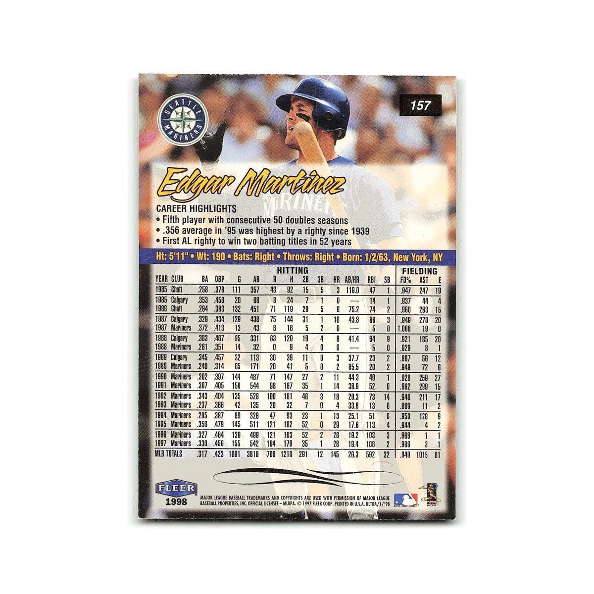 Edgar Martinez 1998 Fleer Ultra #157 Seattle Mariners Baseball Card NM