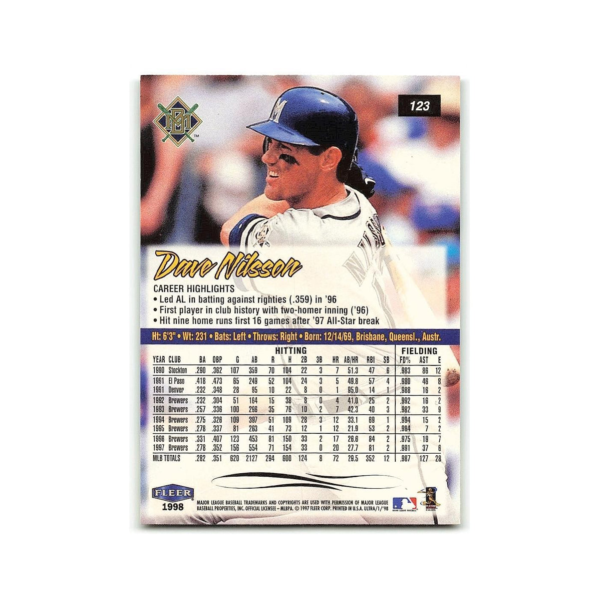 Dave Nilsson 1998 Fleer Ultra #123 Milwaukee Brewers Baseball Card NM