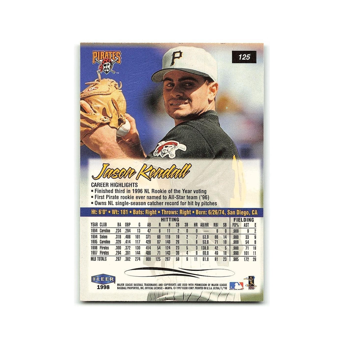 Jason Kendall 1998 Fleer Ultra #125 Pittsburgh Pirates Baseball Card NM