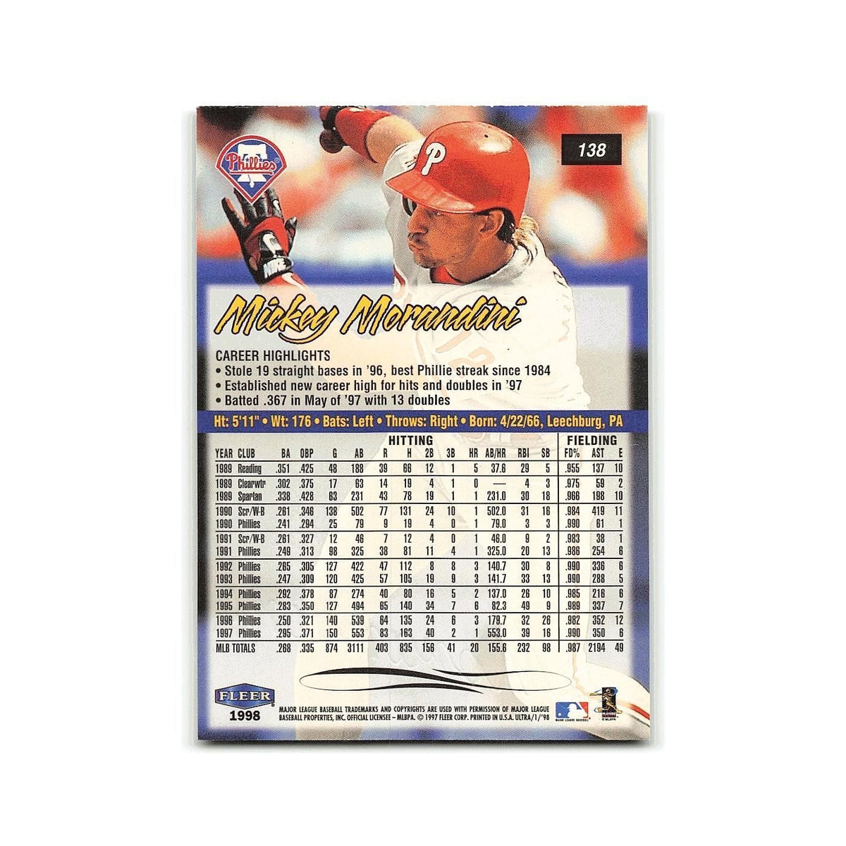 Mickey Morandini 1998 Fleer Ultra #138 Philadelphia Phillies Baseball Card NM