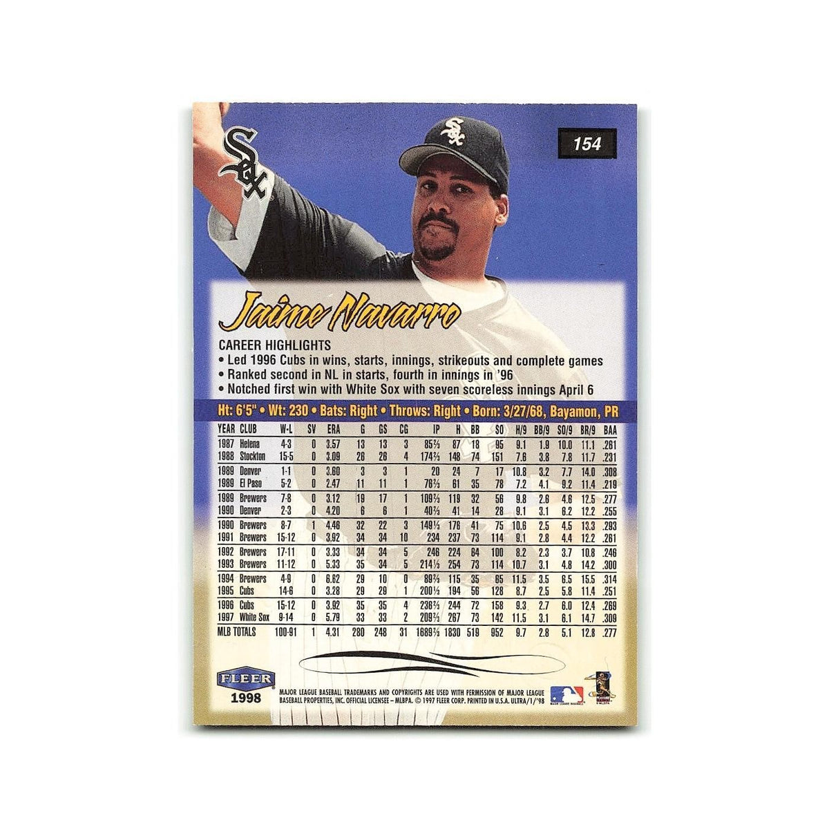 Jaime Navarro 1998 Fleer Ultra #154 Chicago White Sox Baseball Card NM