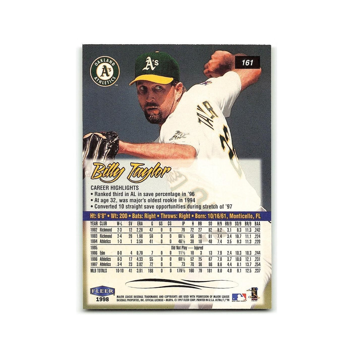 Billy Taylor 1998 Fleer Ultra #161 Oakland Athletics Baseball Card NM