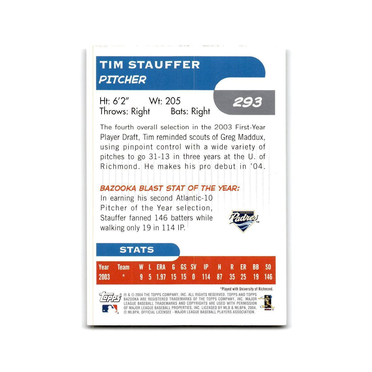 2004 Bazooka Tim Stauffer Padres #293
